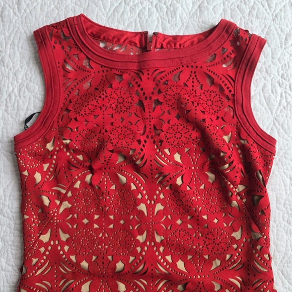 Tadashi Shoji Lasercut Lace Sleeveless Dress - Red Small - Picture 2 of 16